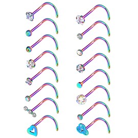 Oyaface 20g(0.8mm) 16PCS Stainless Steel Stud Nose Ring Screw Body Piercings for Women Men (Screw - Rainbow)