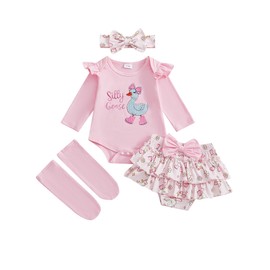 ZZLBUF Newborn Infant Baby Girl Clothes Set Silly Goose Long Sleeve Romper Ruffle Shorts Headband Leg Warmers 4Pcs Outfits (Pink, 0-3 Months)