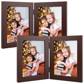 Frametory, 5x7 Double Picture Frame - Real Glass Hinged 2 Photos Collage, Desktop Picture Frame Standing Vertical (Walnut, 2 Pack)