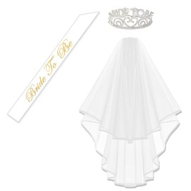 KUNG FU PARTY Glitter Rhinestone Bride to Be Tiara and White Double Ribbon Edge Center Cascade Bridal Wedding Veil with Comb and Bride To Be Satin Sash