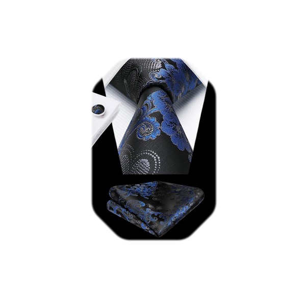 HISDERN Black Royal Blue Ties for Men Floral Mens Ties