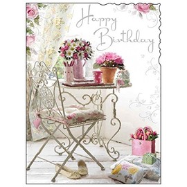 JONNY JAVELIN OPEN FEMALE BIRTHDAY CARD - FLOWERS & TABLE 7.25 x 5.5