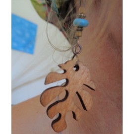 Caramel copper brown large wooden leaf - Monstera earrings. Unique, long, lightweight earrings on long kidney hooks with howlite spacer in turquoise