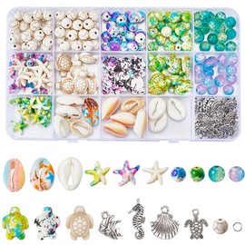 SUNNYCLUE 1 Box 260-Piece Summer Bead Set Sea Turtle Beads Starfish Beads Natural Cowry Shell Beads Ocean Charm Fish Seahorse Turtles Charms Turquoise Beads For Beautiful
