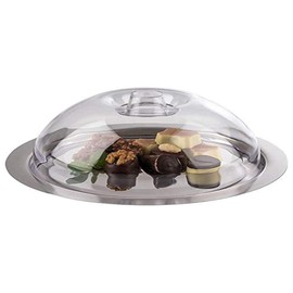 APS Tablett mit Haube „Finesse“, Platte mit Abdeckhaube, Serviertablett, Haube aus Polystyrol, Edelstahlplatte 18/0, 22,5 x 22,5 cm, stapelbar