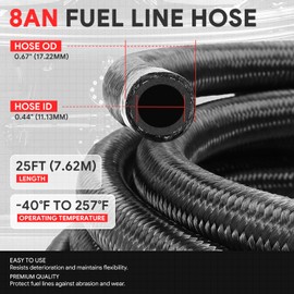 J2 Engineering AN 25FT 0.44" ID Nylon Braided CPE Fuel Line with Swivel Hose End Fitting Adapter Kit, Black, J2-FLS-CPE-08-BK