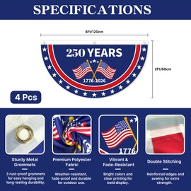 4Pack 2x4 Ft USA 250th Anniversary Bunting Fan Flags, 1776-2026 250 Years of Freedom Patriotic Banner, 4th of July Independence Day Memorial Day Outdoor Patriotic Decorations