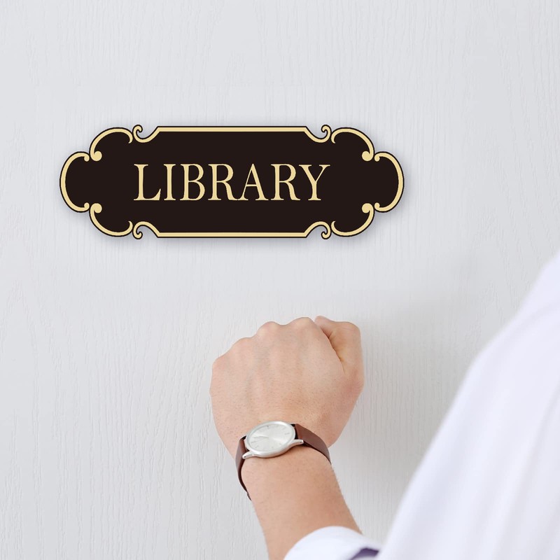 Library Sign 9x3 inch Spay Gold - Self-adhesive Signage for