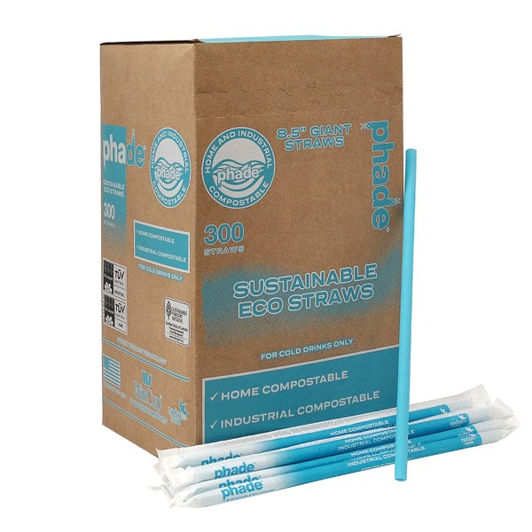 Phade 8.5" Giant Compostable Biodegradable Eco Straws, 300 Count, Individually Wrapped, For Cold Drinks Only
