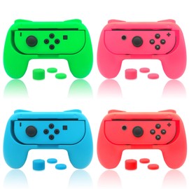 Grip Holder for Joy Con Switch & Switch OLED Model with Thumb Grip Caps, (4 Pack) Rubber Surface Joy Controller Grip Holder with Joystick Caps Accessories - Blue/Red/Pink/Green