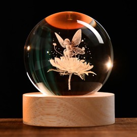 ZRENJHUS Flower Fairy Crystal Ball Fairy with Flower Glass Decor 3D Engraving Decorative Ball Light Gifts for Girls Women Fairy Lovers Wedding Gift with Light Base