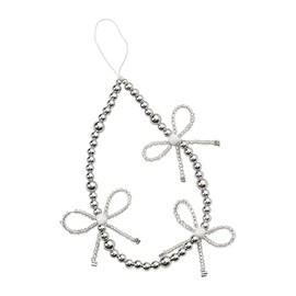 Silver Bow Phone Charm Strap Wristlet with Bowknot Decorative Smartphone Cell-phone Wrist Straps Bracelets for Women Beaded Keychain Wristlet Beaded Phone Lanyard Chain for Purse Wallet