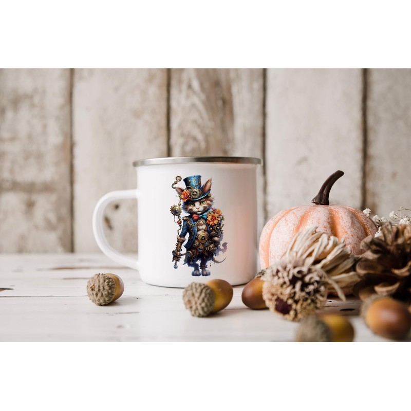 MAXIKIWI Langlebige Emaille-Kaffee- oder Tee-Camping-Tasse für drinnen und draußen, Steampunk-Katzen-Motiv,