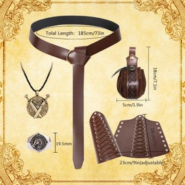 Hifot 5pcs Medieval Clothing Women Men Belt Bag Medieval Belt Accessories Set Bracers Double Sword Necklace Silver Ring Viking Jewellery for Renaissance Knight Rider Decoration Pirates