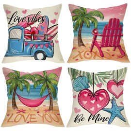 Fjfz Valentines Day Beach Decorative Throw Pillow Covers 18 x 18 Set of 4, Coastal Truck Chair Love Hearts Porch Outdoor Home Decor, Nautical Palm Tree Anniversary Wedding Couch Cushion Case