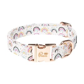 Poocii Durable Cotton Blend Dog Collar, Cute & Stylish, Adjustable with Metal Locking Clasp, Made in USA (Happy Rainbows, Small)