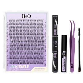 B&Q Lashes Extension Set, 144 Pieces, Invisible Band, Lash Clusters, 8-16 Mix, Invisible Eyelash Extensions Set, 7 Days Hold, Flora Style, D Curl, Lazy Girl Eyelash Set (Flora 8-16 Mix)