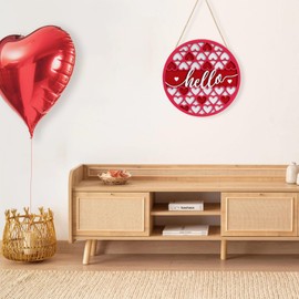 Ausril Valentine's Day Hello Sign,Valentines Welcome Decoration Door Hanger,Hello Heart Wreath,Pink Love Shape Decor,Red Heart Printed Wooden Hanging Sign for Party Sweet Home Wedding Indoor Outdoor