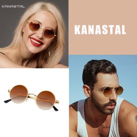 KANASTAL Round Sunglasses for Men Women Polarized Small Sun Glasses Brown Shades Metal Frame UV400 Protection Cosplay Eyewear for Party Outdoor Traveling