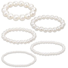 FloralGrace Pack of 5 Pearl Bracelets for Bride Women Party Wedding White Pearls 1920 Gifts Artificial Pearls Crystal Beads Autumn 5 Sizes (4/6/8/10/12 mm), Pearl