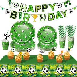 PYAILI Football Party Tableware Set, Football Theme Kids Birthday Decoration Party Accessories Set, Birthday Paper Cups Paper Plates Straw, Football Soccer World Cup Decorations Serve 20 Guests