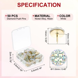 PATIKIL 50Pcs Diamond Push Pins, 0.55''Glitter Rhinestone Decorative Thumb Tacks Shiny Push Pins for Cork Board Bulletin Board Photo Memo Wall Hangings, White