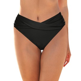 Vivola Women's Twist Bikini Bottom Moderate High Cut Swimsuit Bottom Full Coverage Cross Ribbed V Cut Ruched Ruffles Bathing Suit Bottoms Black