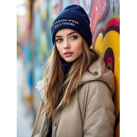 LE Canada N'est PAS À VENDRE Premium | Warm Knit Beanie with Embroidered Patch Soft & Cozy Winter Toques | for Unisex, Adults, Men & Women | Canadian Made Navy Color Hat Canada