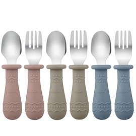 PandaEar Toddler Utensils, 6 Pack Kids Spoons and Forks, 18/8 Stainless Steel & Food Grade Silicone Children Silverware Set, Dishwasher Safe (Blue/Brown/Red)