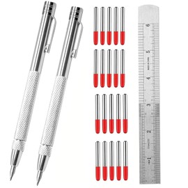 XIANFENGHU 2PCS Tungsten Carbide Scriber with Magnet, with Extra 20 Replacement Marking Tip and Steel Ruler. Engraving Pen for Metal, Wood, Glass, Plastic and Ceramics.
