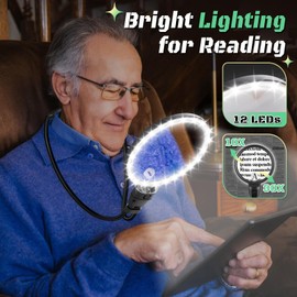 30X 10X Magnifying Glass with Light, Large Hands Free Magnifying Glass for Reading, 3 Color LED Lights Flexible Gooseneck Magnifier for Close Work Reading Books Sewing (4.3in)