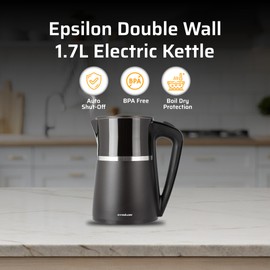 Epsilon Double Wall Electric Kettle 1500W – 1.7L Hot Water Tea Kettle & Hot Water Boiler with Auto Shut-Off, Boil Dry Protection, BPA-Free Stainless Steel Electric Teapot Fast Boil, Cool Touch Design