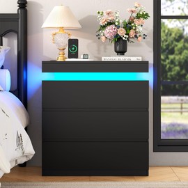 Nightstand with Charging Station and LED Lights, Night Stand with 3 Storage Drawers, Modern Bedside Table for Bedroom, End Side Table for Living Room (Black)
