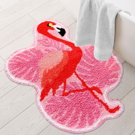 Tinideya Summer Pink Flamingo Tufted Bath Rug Leaf Bathroom Rug Tropical Non Slip Tufted Bathroom Shower Mat Irregular Shaped Rug for Home Bedroom Kitchen 26 x 20 Inches