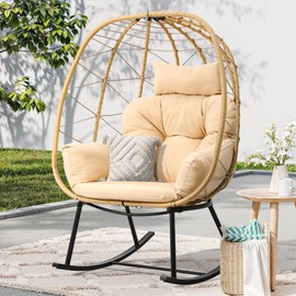 YITAHOME Wicker Rocking Egg Chair, Outdoor Patio Rocking Chair with Cushioned Comfort, 330lb Capacity, Anti-Slip, All-Weather Resilient Egg Lounger Chair for Indoor & Outdoor Relaxation Spaces, Beige