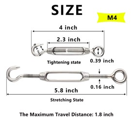 Turnbuckles Hook, Lsqurel 304 Stainless Steel Turnbuckle Heavy Duty Wire Rope Tension Cable Railing Kit for Sun Shade Tent Installation (M4-10Pack)