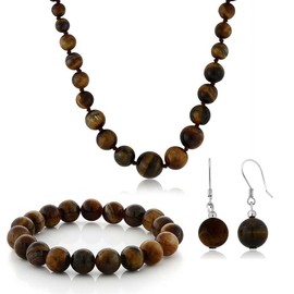 Gem Stone King 10MM Tiger Eye Brown Color Cross Cut Bead Necklace Bracelet and Earrings Set for Women