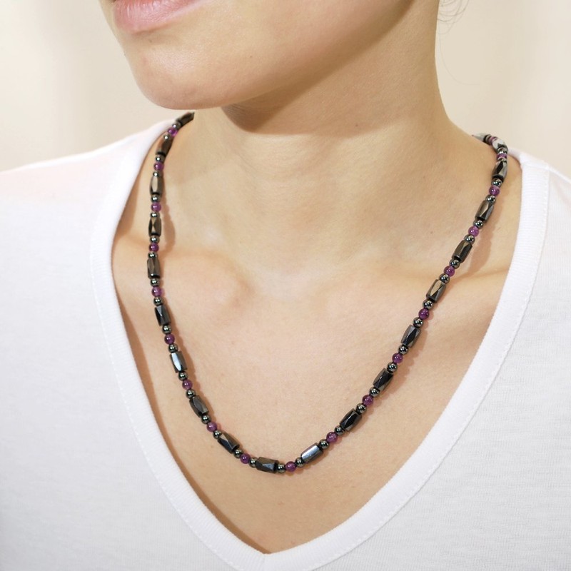 ハイリッチ パワーストーンアクセサリー ブラック 50cm ファッショナブル磁気ネックレス(ガーネット、アメジスト) 2個セット