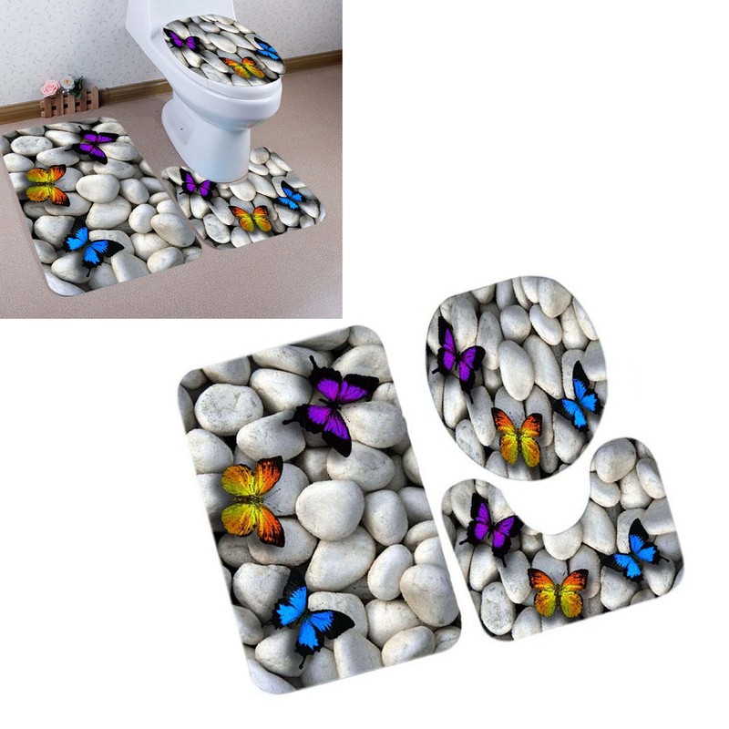 3pcs Toilet Seat Mat Set 10MM Sponge Butterfly Pebble Pattern
