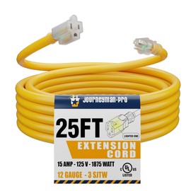 25 Foot Contractor Grade Outdoor Extension Cord with Lighted Power Outlet End by Journeyman-Pro 12/3 SJTW Yellow Cable with 3 Prong Grounded Plug 15 AMP UL Listed 25'FT (25FT Yellow)