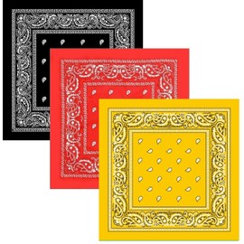 3Pcs Bandanas Face Mask 100% Cotton Paisley Print Head Wrap Scarf Headwear Wristband, Black + Red + Yellow, One Size