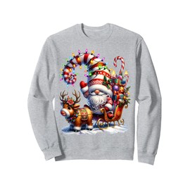 Christmas Light Gnome Santa Claus Riding Sleigh Highland Cow Sweatshirt