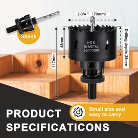 2 3/4 inch Hole Saw Drill Bit for Metal and Wood, M42 Bi-Metal Hole Cutter with 1.5” Cutting Depth for Plywood, Fiberglass, Acrylic, Drywall and Sheet Steel