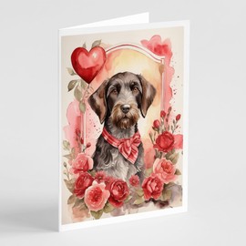 Caroline's Treasures DAC4452GCA7P German Wirehaired Pointer Valentine Roses Greeting Cards Pack of 8 Blank Cards with Envelopes Whimsical A7 Size 5x7 Blank Note Cards