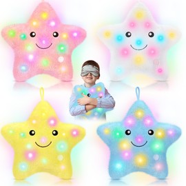 Spiareal 4 Pieces 15.7" LED Twinkle Colorful Star Pillow Glow Star Shaped Plush Throw Pillows Soft Light up Star Pillows for Kids Girls Birthday Decoration, Yellow, White, Pink and Blue