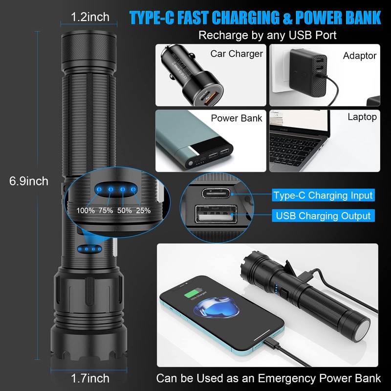 LED Magnetic Flashlight High Lumens Rechargeable, 10000 Lumens Super Bright
