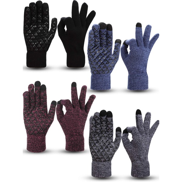 SATINIOR 4 Pairs Winter Knit Touchscreen Gloves Warm Texting Gloves Elastic Anti-slip Gloves for Adults (Black, Black Red, Black White, Navy, M)
