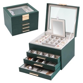 ASINGYER Jewelry Box with Glass Lids,4 Layer Large Jewelry Boxes for Women, Jewelry Holder Organizer for Necklace, Bracelet, Earrings,Storage Gifts for Women (4 layer dark green)