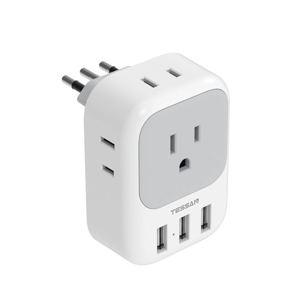 TESSAN Italy Travel Plug Adapter, US to Italian Power Adapter with 4 Outlets and 3 USB Ports, Type L Electrical Outlet Adaptor for USA to Chile Rome Uruguay