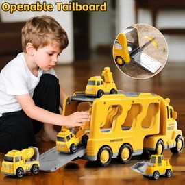 KIZONLY Construction Trucks Toys for 2 3 4 5 Years Old Boys - 5-in-1 Carrier Transport Vehicle Truck for Toddlers 2-4 Years with Crane, Mixer, Pushdozer and Excavator, Car Toys Birthdays Gift